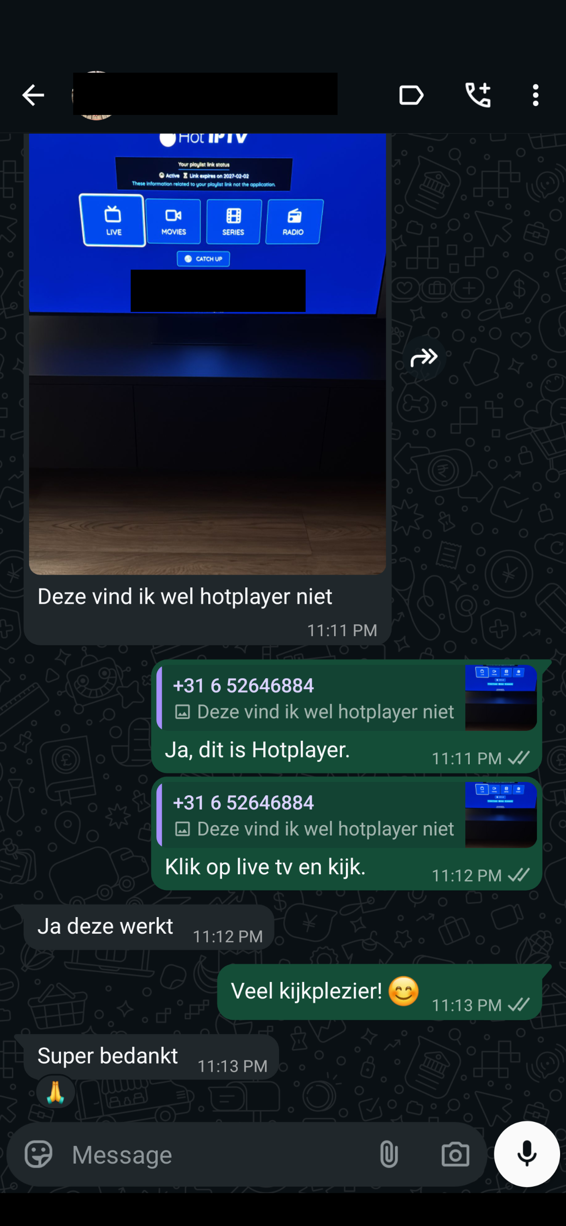 WhatsApp review van een tevreden IPTV Proefabonnement klant #3