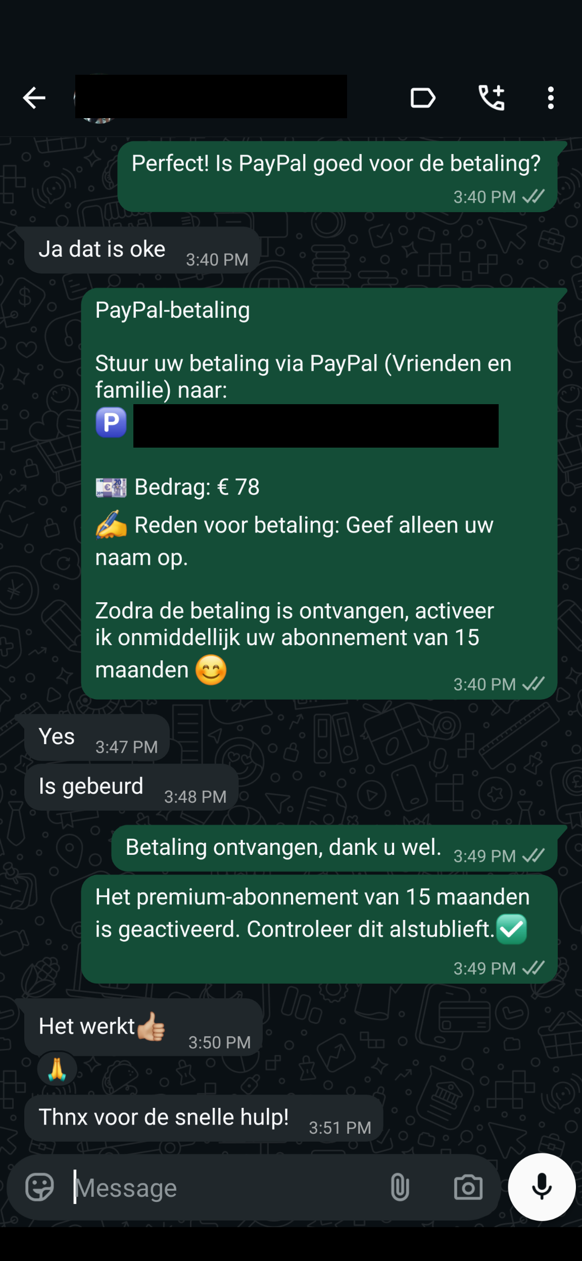 WhatsApp review van een tevreden IPTV Proefabonnement klant #1